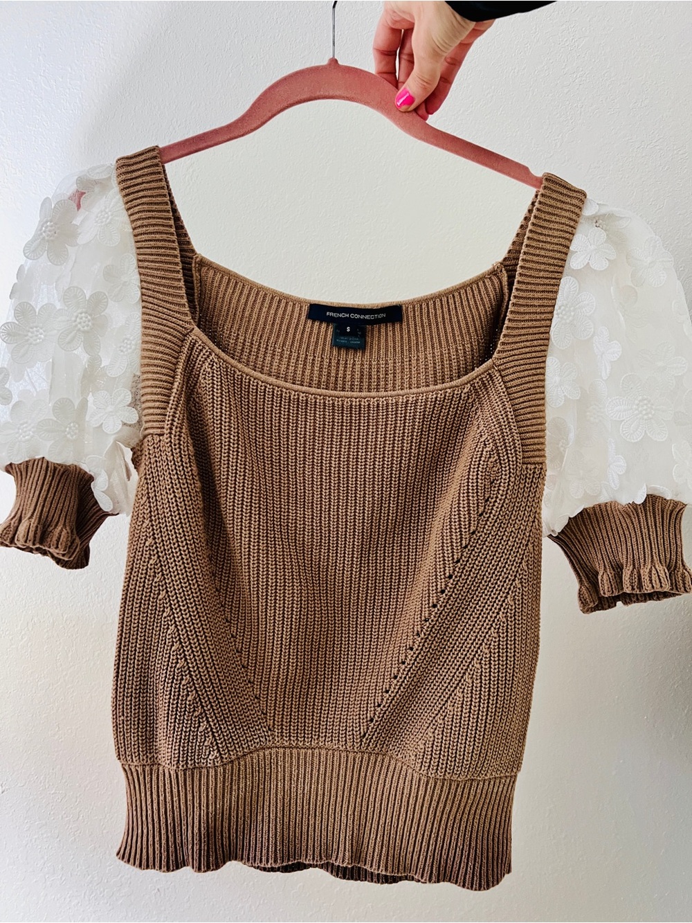 French Connection Sheer Floral Puff Sleeve Knit Top Boho Romantic Anthropologie